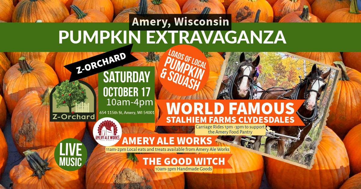 PumpkinExtravaganza2026_AmeryWIsconsin_StalhiemClydesdale Free and Family friendly fundraiser pumpkin event in Amery Wisconsin for the Amery Area food Pantry at Z-Orchard with the world famous Stalhiem Family Clydesdales